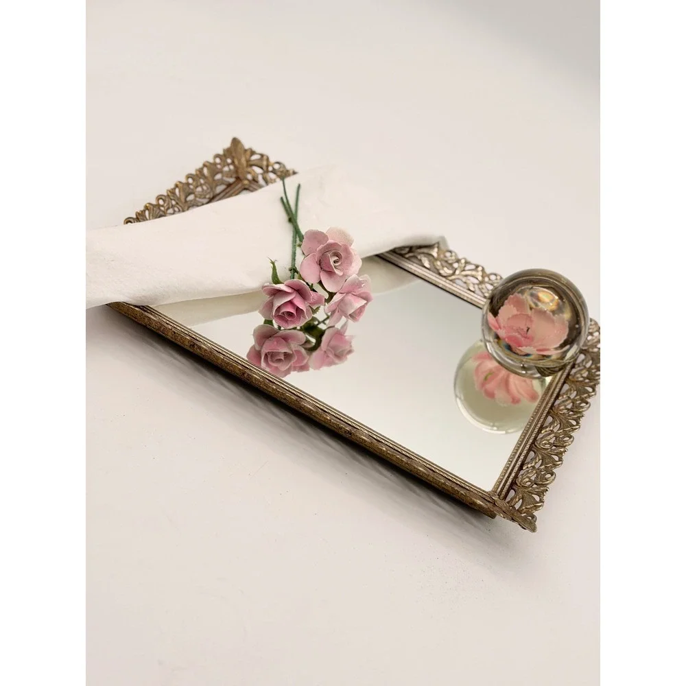Vintage Hollywood Regency Gold Filigree Mirrored Vanity Tray Ornate Rectangular